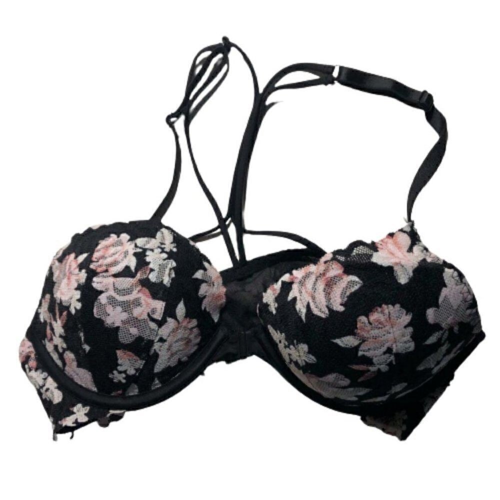 #3462-5 Victoria Secret Pink Pink Black Floral Front Closure Push Up Bra 34B